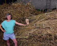 Justine naast een berg graanrassen.- Foto Marc Colpaert