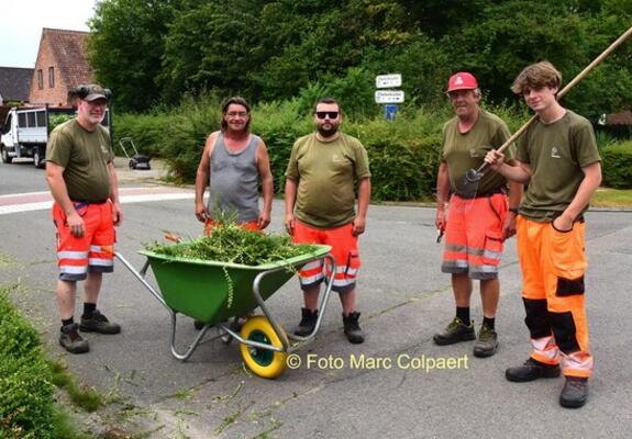 Mike, Philip, Mats, Franky en jobstudent Sam aan het werk in de Flieterkouter.- Foto Marc Colpaert